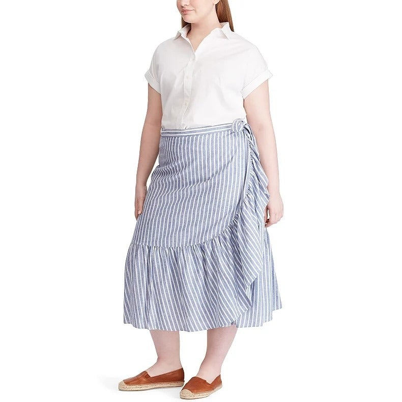Chaps Ruffled Midi Skirt Blue White Stripe Plus Size New