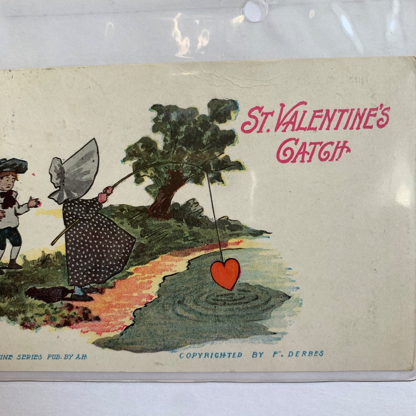 1910 Antique Valentine's Day Postcard St. Valentine's Catch Heart Fishing