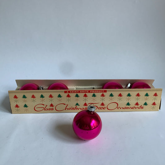 Shiny-Brite Glass Christmas Ornaments Box Vintage Magenta Pink 5 Bulbs