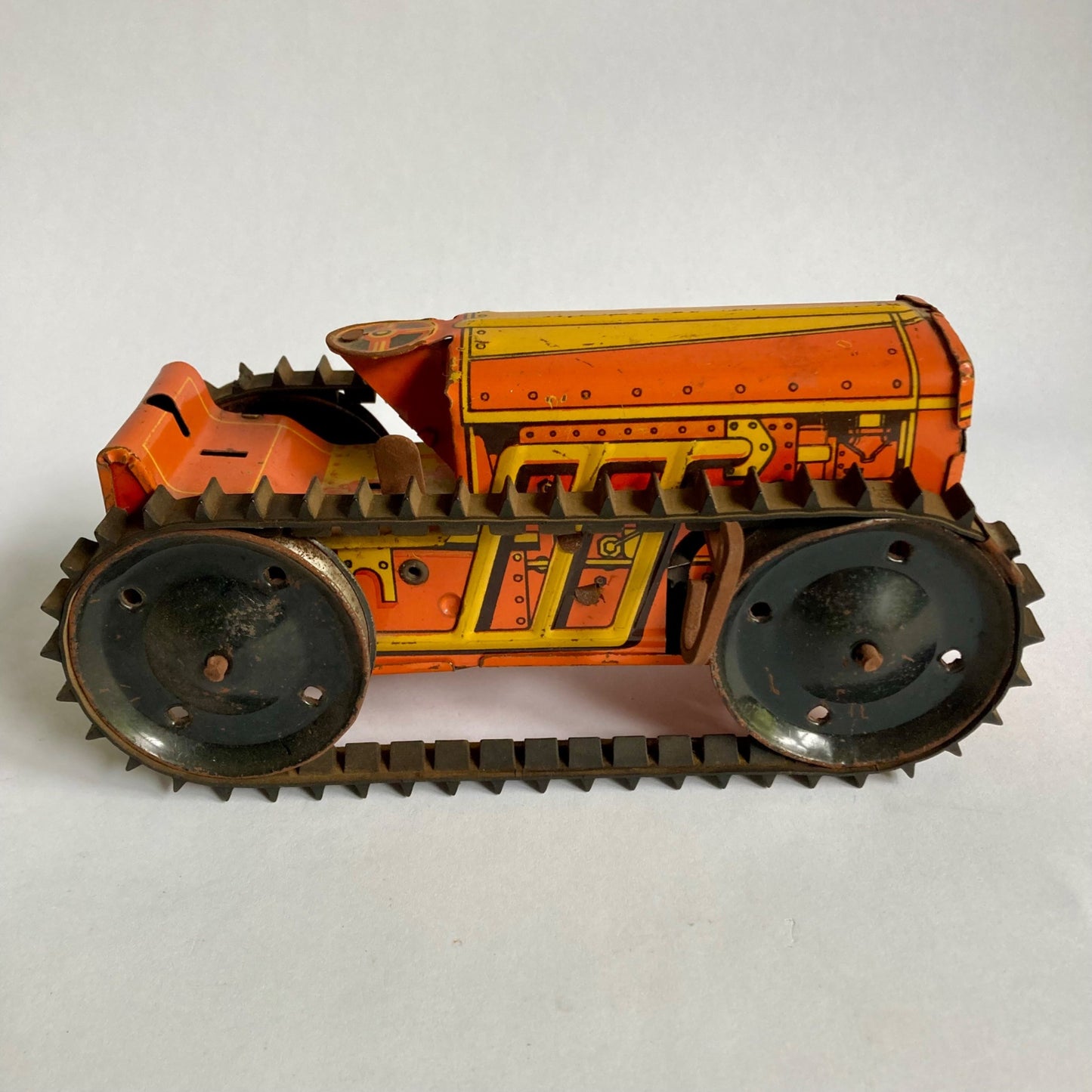 Vintage Marx Tin Litho Bulldozer Wind-up Toy Orange Tested & WORKS!