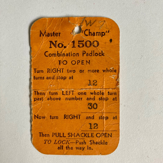 Vintage Master Lock "Champ" Combination Padlock TAG ONLY No. 1500