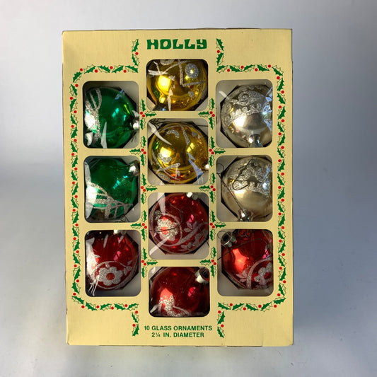 Holly Vintage Glass Christmas Ornaments Set of 10 Multicolor