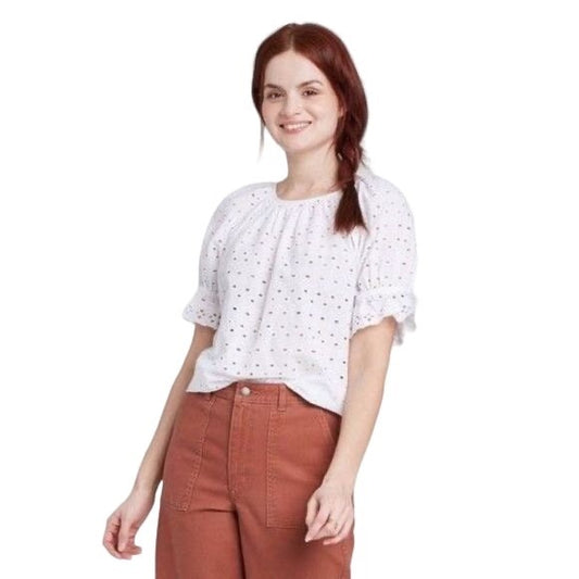 Universal Thread Short Sleeve Round Neck Eyelet Top New