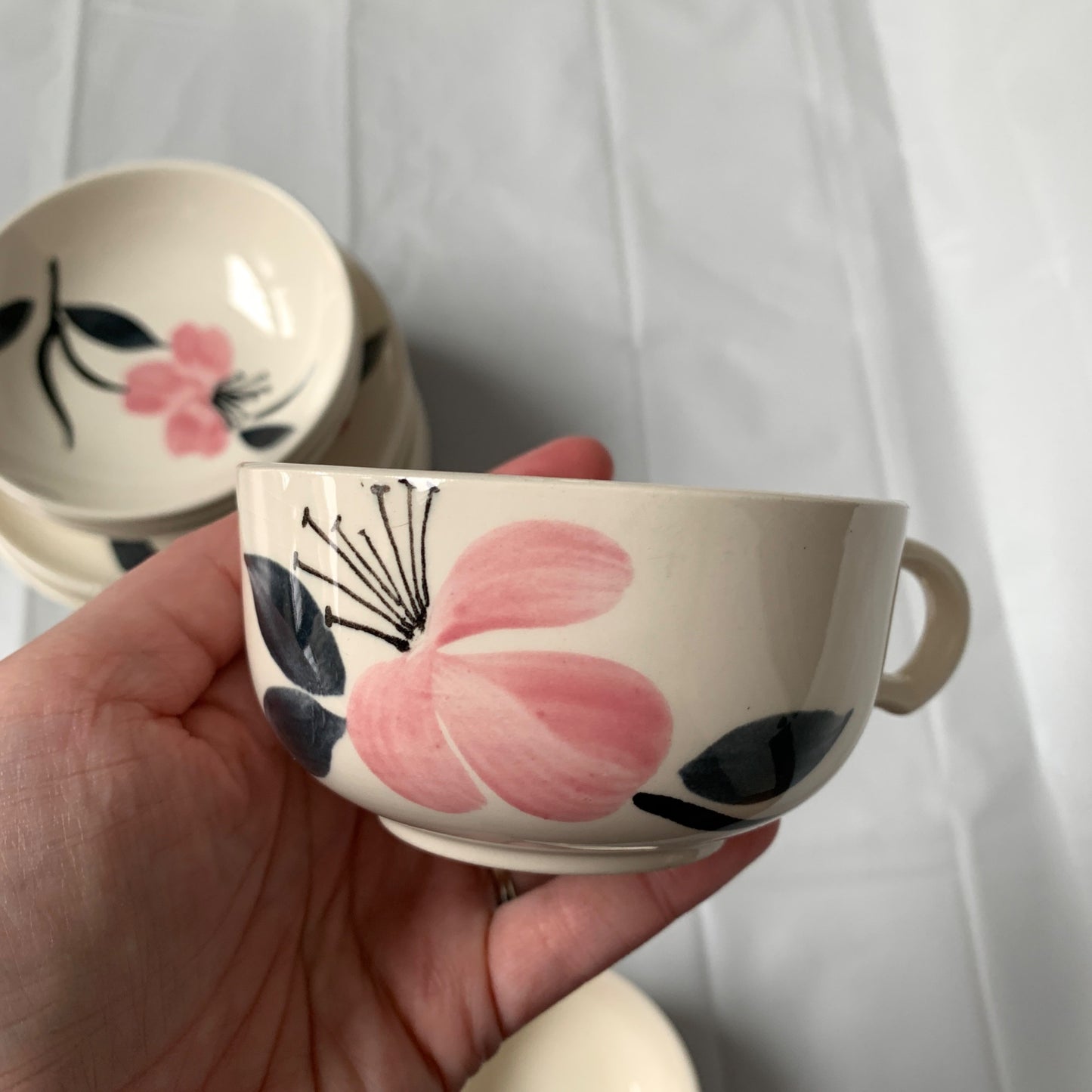 Vintage Unmarked Handpainted White Pink Floral Leaves Cups Saucers Small Plates Set