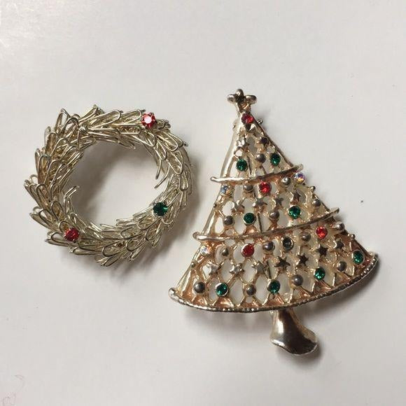 Vintage Christmas Wreath and Tree Brooch Pin