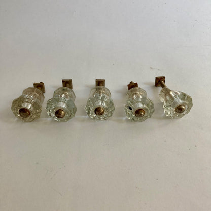 Lot 5 Vintage Clear Glass Drawer Pulls Knobs 1" Decagon Antique