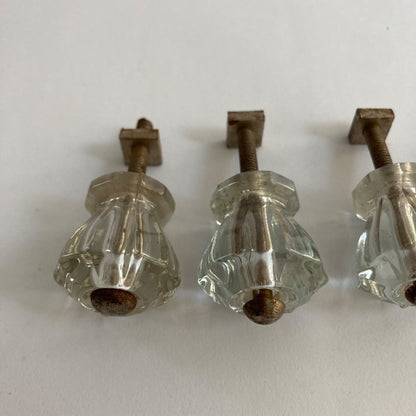 Lot 5 Vintage Clear Glass Drawer Pulls Knobs 1" Decagon Antique
