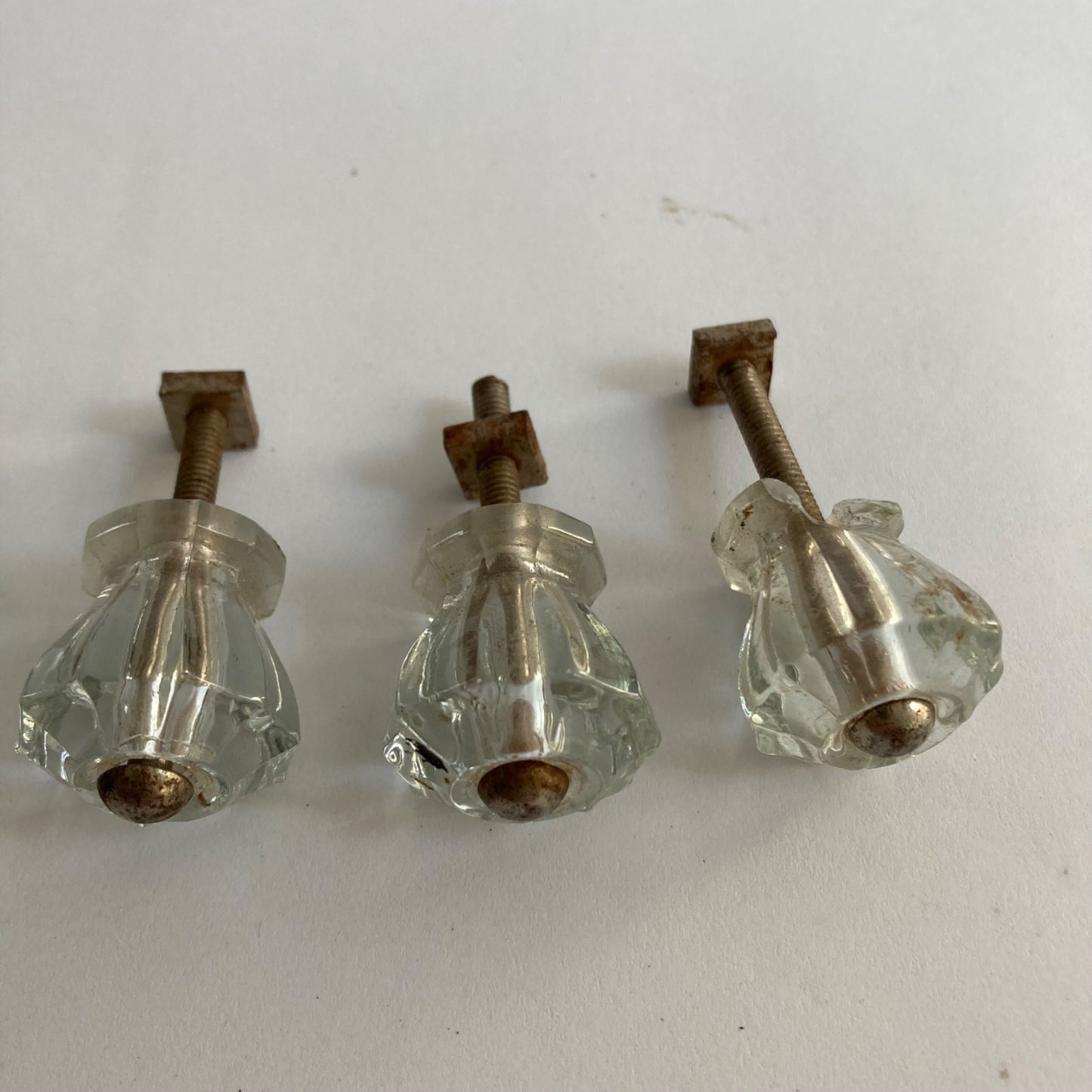 Lot 5 Vintage Clear Glass Drawer Pulls Knobs 1" Decagon Antique