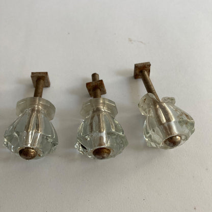 Lot 5 Vintage Clear Glass Drawer Pulls Knobs 1" Decagon Antique