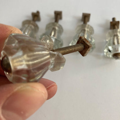 Lot 5 Vintage Clear Glass Drawer Pulls Knobs 1" Decagon Antique