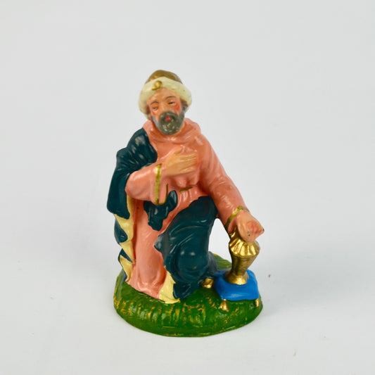 Hand-Painted Ceramic Nativity Figurine Kneeling Wise Man With Blue Robe & Gold Accents