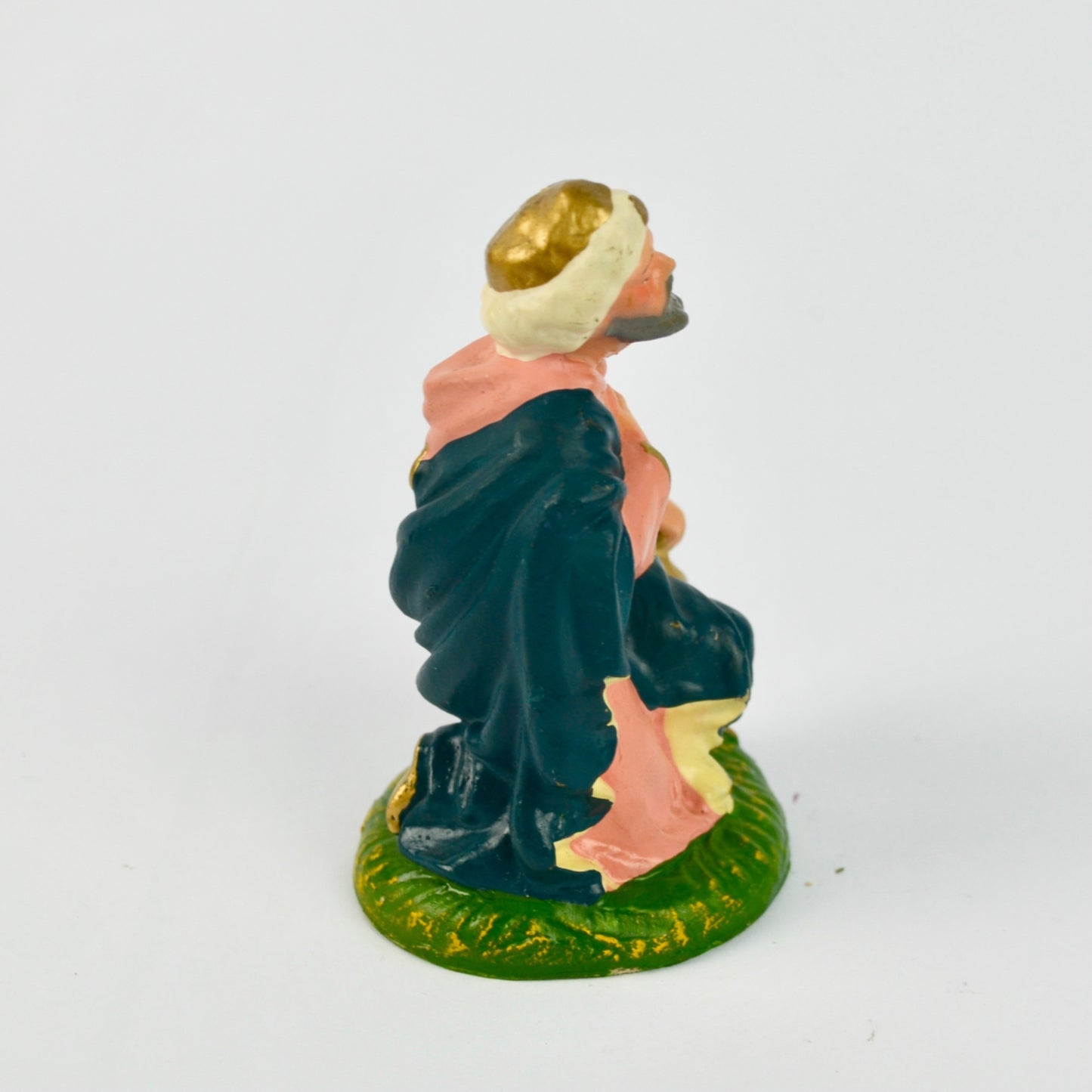 Hand-Painted Ceramic Nativity Figurine Kneeling Wise Man With Blue Robe & Gold Accents