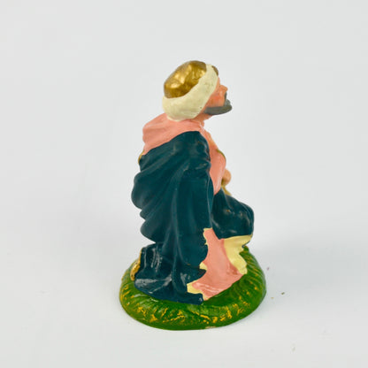 Hand-Painted Ceramic Nativity Figurine Kneeling Wise Man With Blue Robe & Gold Accents