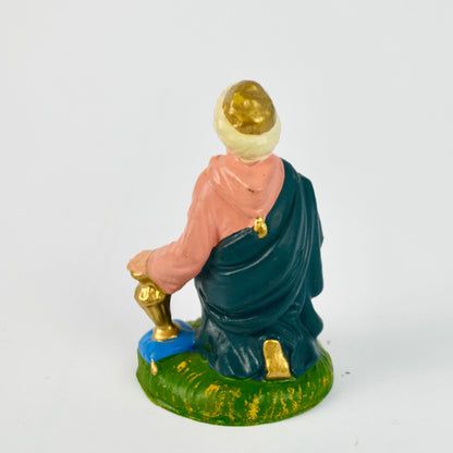 Hand-Painted Ceramic Nativity Figurine Kneeling Wise Man With Blue Robe & Gold Accents