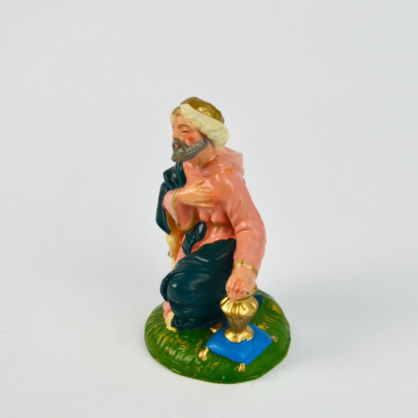 Hand-Painted Ceramic Nativity Figurine Kneeling Wise Man With Blue Robe & Gold Accents