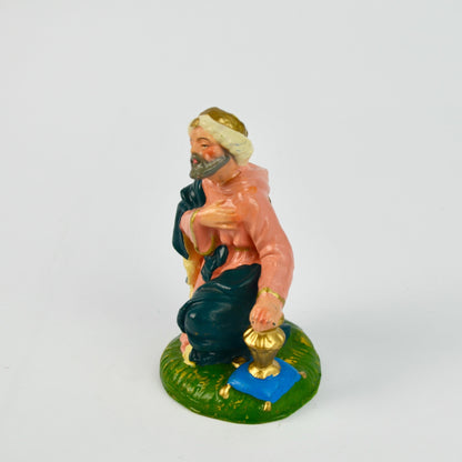 Hand-Painted Ceramic Nativity Figurine Kneeling Wise Man With Blue Robe & Gold Accents