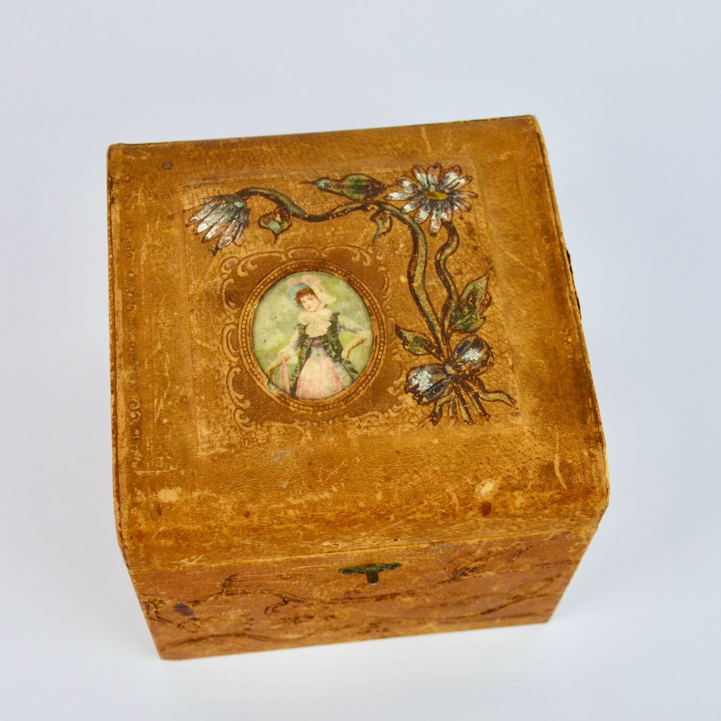 Antique Victorian Men's Cuff & Collar Stay Box Leather Covered Wood