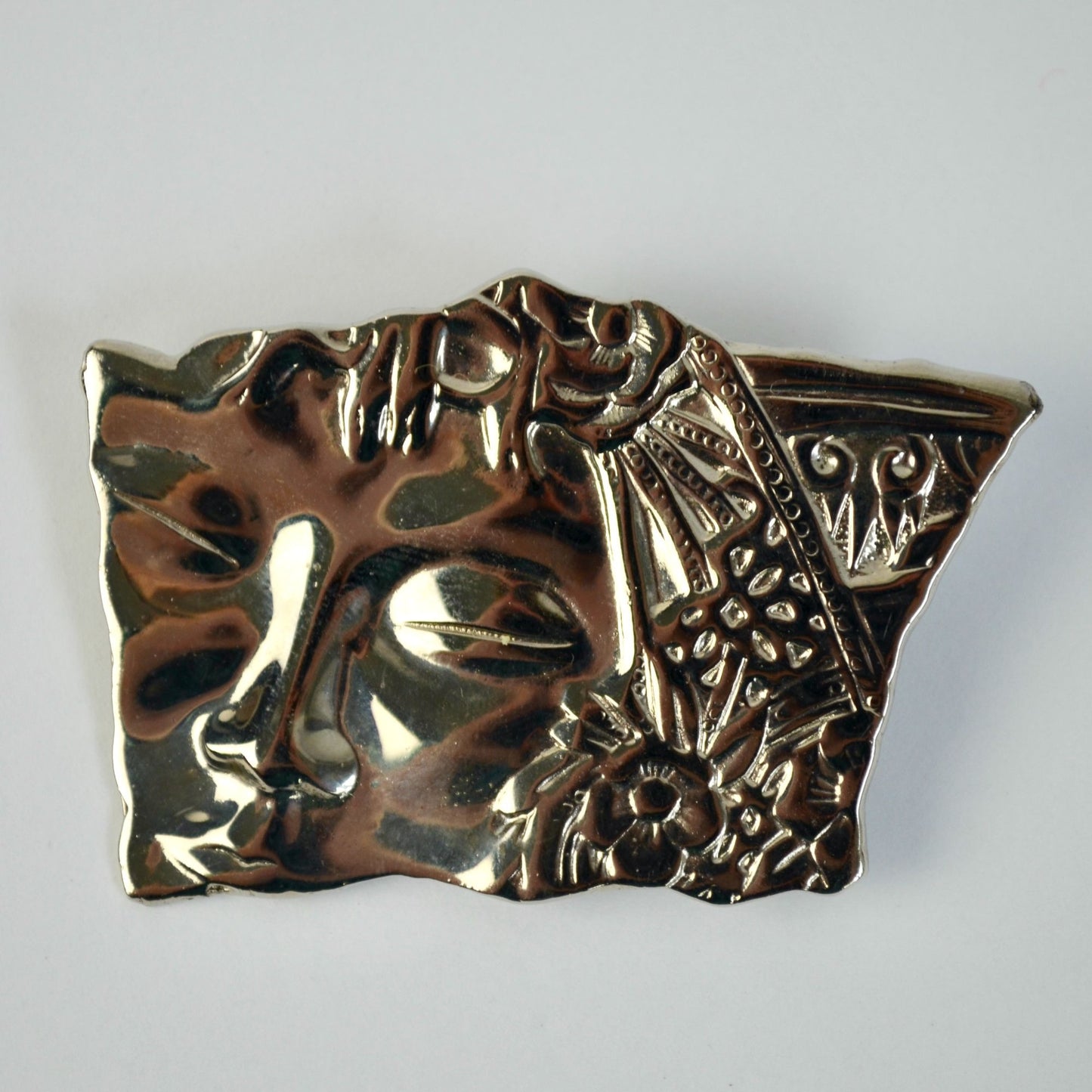 Vintage JJ Jonette Jewelry Shiny SILVER Asian FACE Pin Brooch