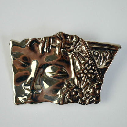 Vintage JJ Jonette Jewelry Shiny SILVER Asian FACE Pin Brooch