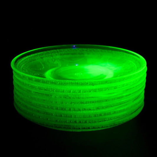 Federal Uranium Vaseline Glass Lovebirds Saucers Set of 8 Green