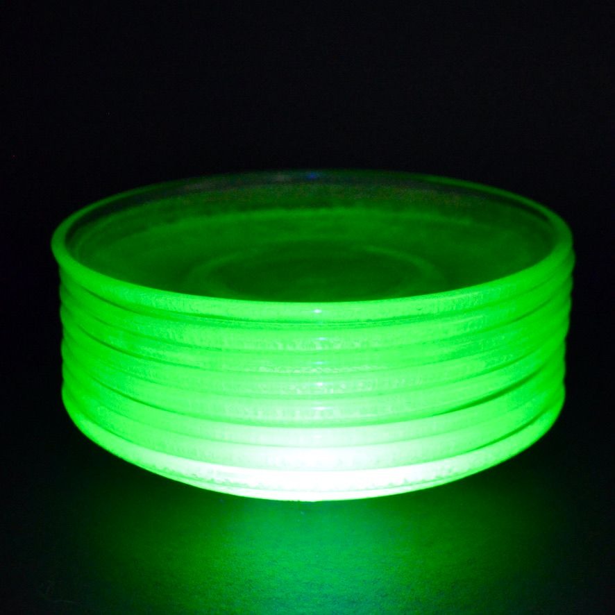 Federal Uranium Vaseline Glass Lovebirds Saucers Set of 8 Green