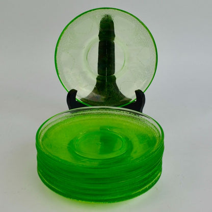 Federal Uranium Vaseline Glass Lovebirds Saucers Set of 8 Green