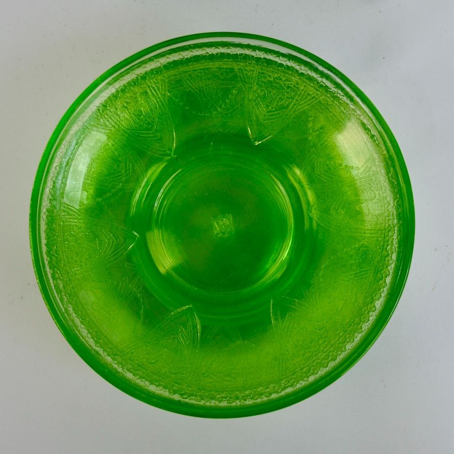 Federal Uranium Vaseline Glass Lovebirds Saucers Set of 8 Green