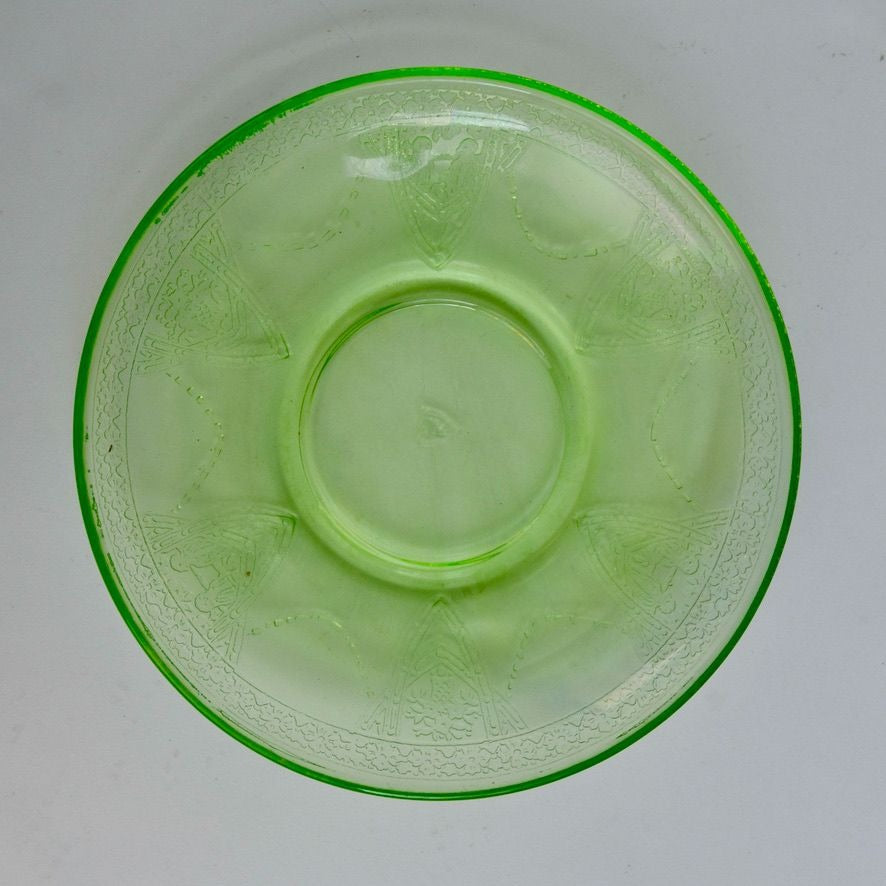 Federal Uranium Vaseline Glass Lovebirds Saucers Set of 8 Green