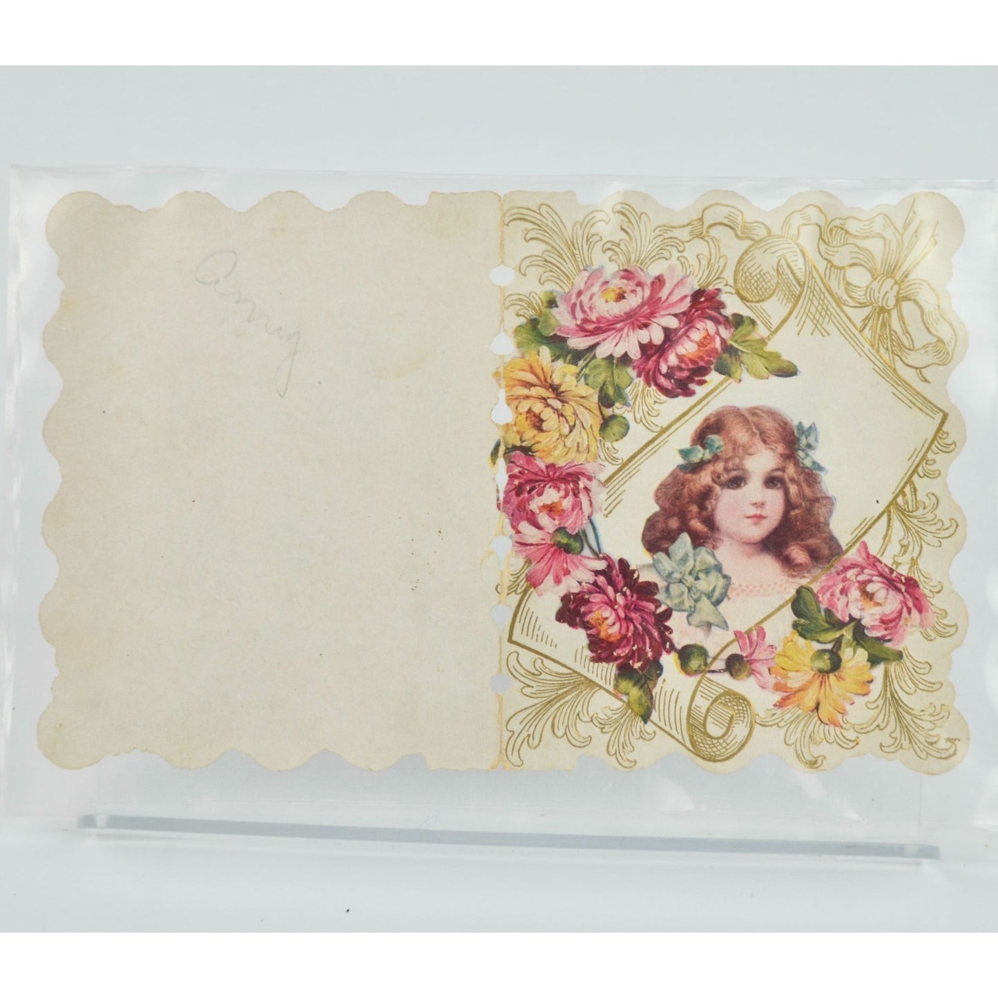 Vintage Valentine Card Girl Pink Flowers