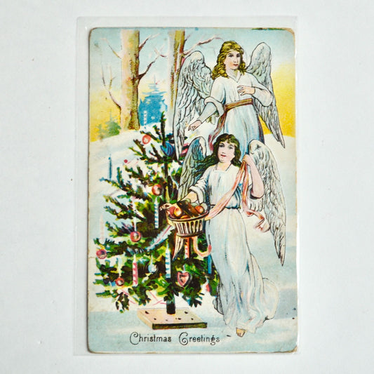 Antique Early 1900s Christmas Postcard Greetings Angels Tree