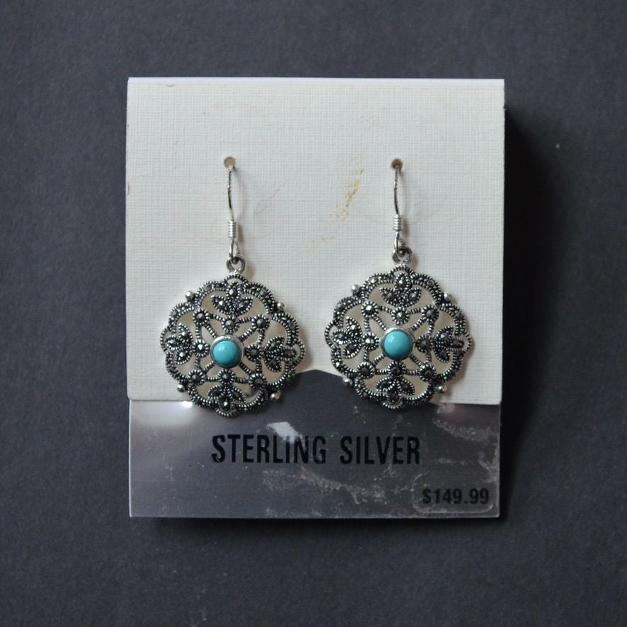 Sterling Silver Marcasite Turquoise Drop Pendant Earrings NEW