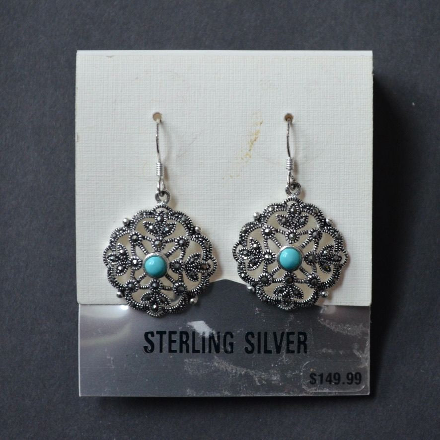 Sterling Silver Marcasite Turquoise Drop Pendant Earrings NEW