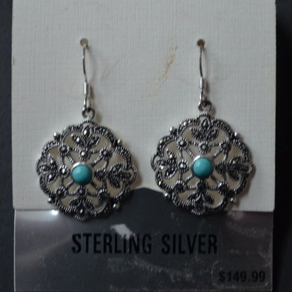 Sterling Silver Marcasite Turquoise Drop Pendant Earrings NEW