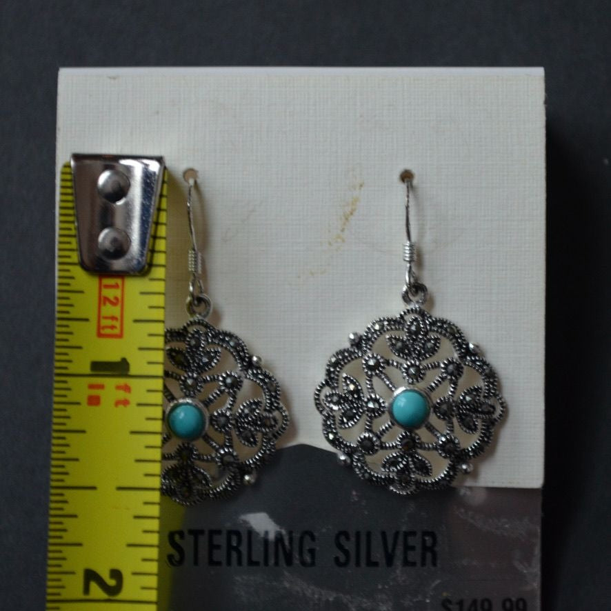 Sterling Silver Marcasite Turquoise Drop Pendant Earrings NEW