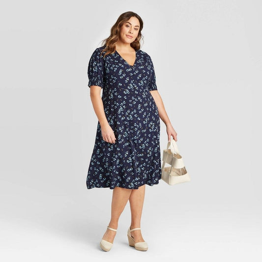 Ava & Viv Floral Print Short Sleeve Dress Navy 3X New