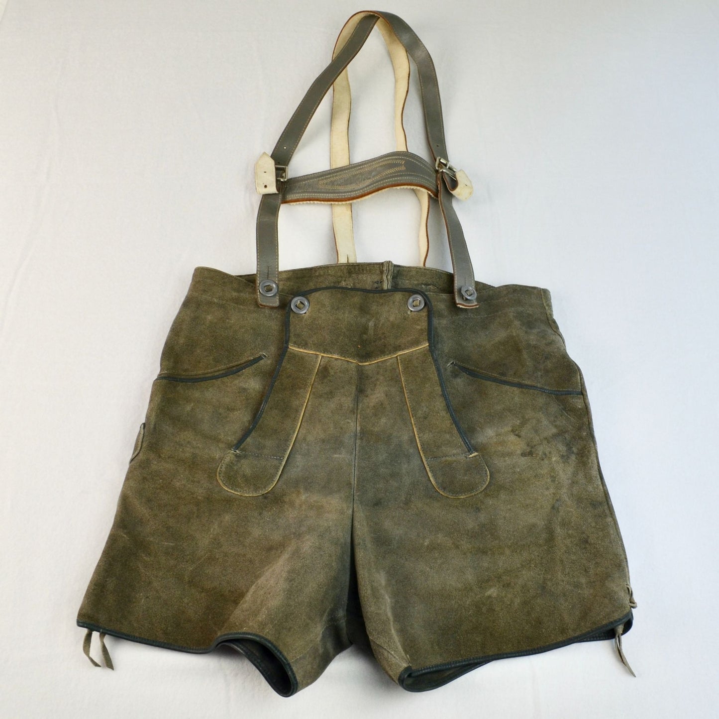 Lederhosen Men's Waist 33" Green Gray Vintage Suede Leather Suspenders Oktoberfest