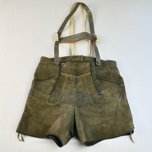 Lederhosen Men's Waist 33" Green Gray Vintage Suede Leather Suspenders Oktoberfest