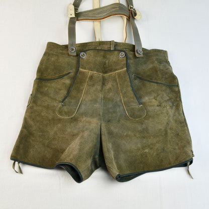 Lederhosen Men's Waist 33" Green Gray Vintage Suede Leather Suspenders Oktoberfest