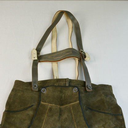 Lederhosen Men's Waist 33" Green Gray Vintage Suede Leather Suspenders Oktoberfest