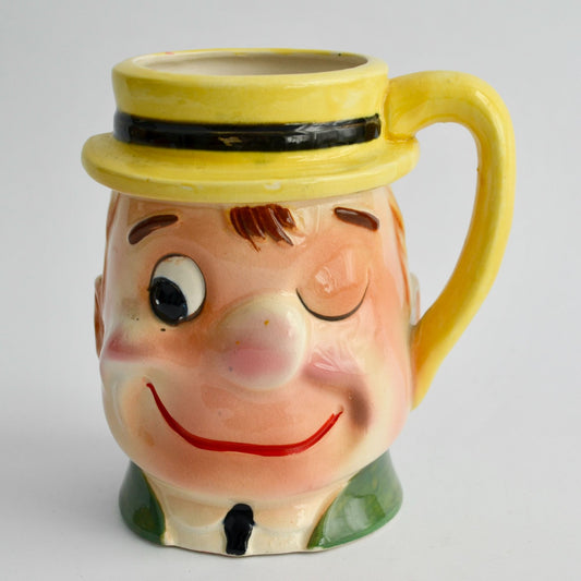 Vintage Japan Winking Face Mug Toby Style Ceramic Character Cup Retro 1950s