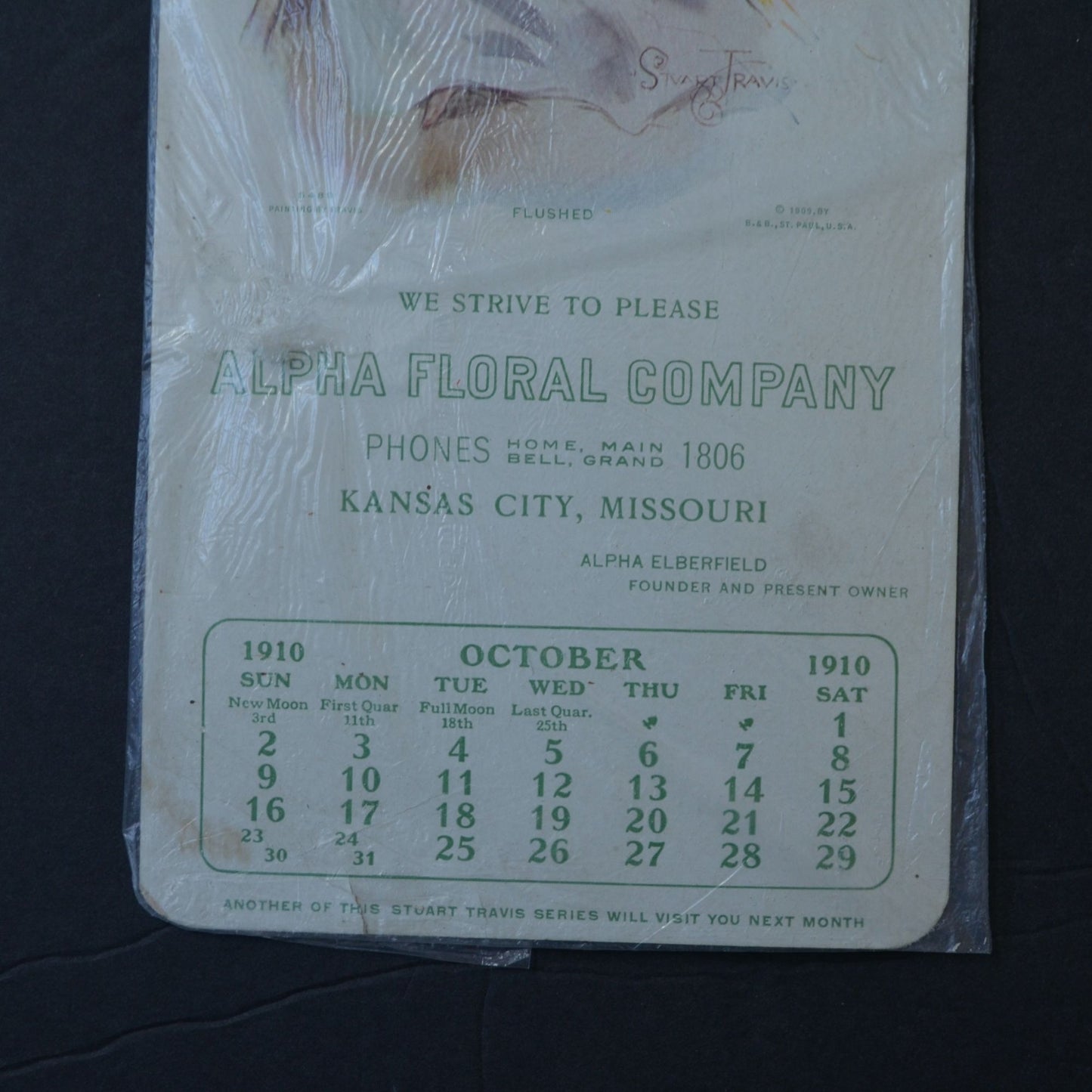 Antique October 1910 Advertising Calendar Alpha Floral Company Kansas City MO