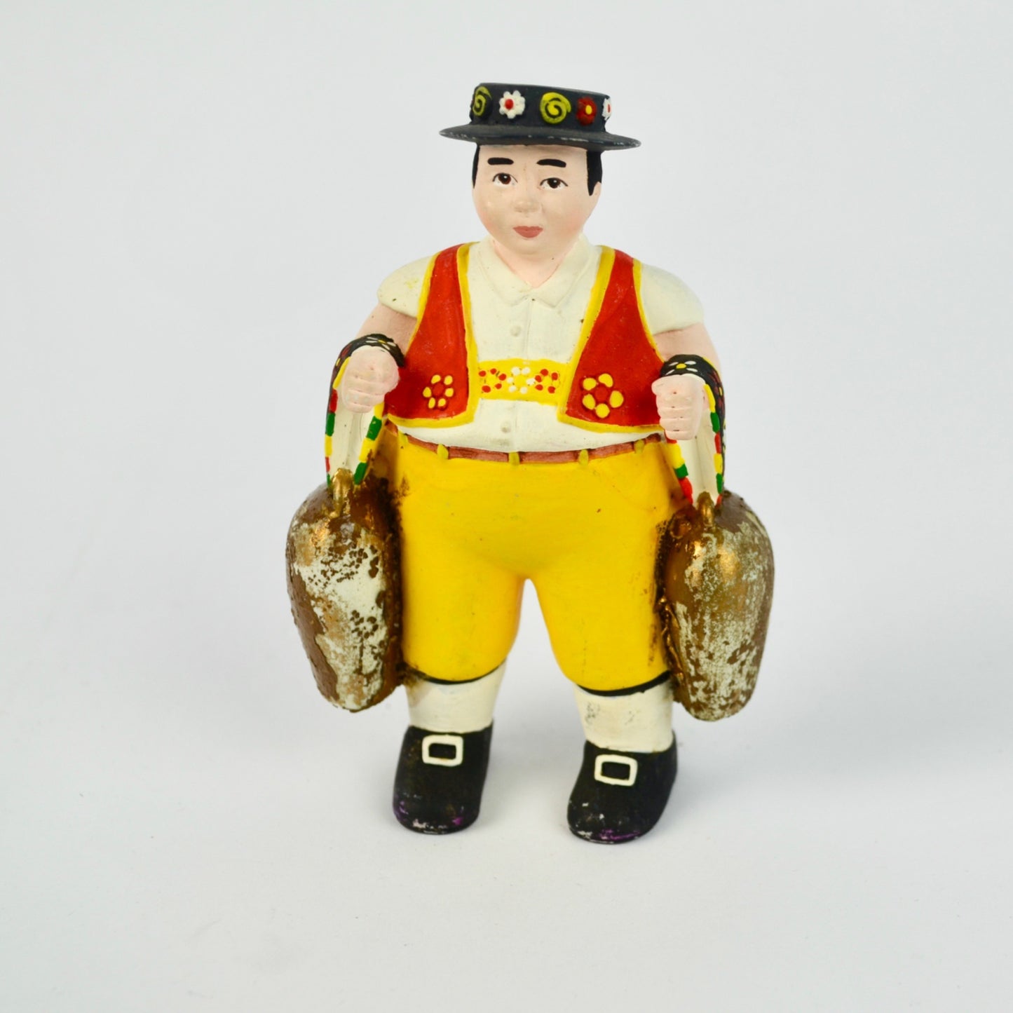 Hand-Painted Ceramic Farmer Figurine In Traditional Outfit Holding Milk Cans