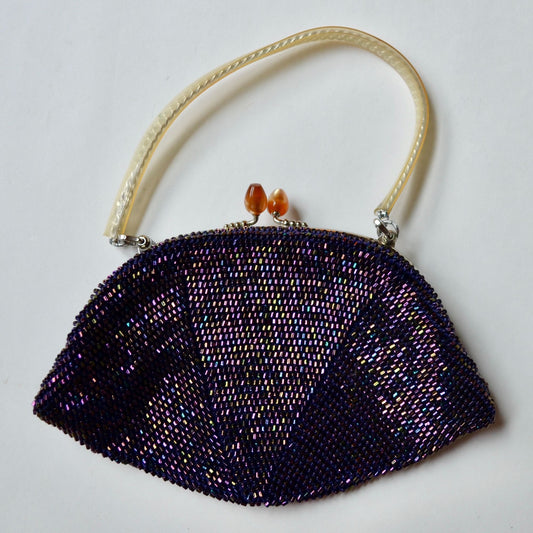 Vintage Art Deco Purple Carnival Bead Clutch Bag Kiss Lock Chain Handle