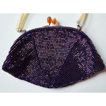 Vintage Art Deco Purple Carnival Bead Clutch Bag Kiss Lock Chain Handle