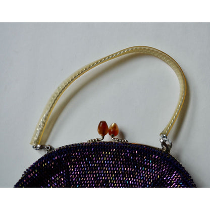 Vintage Art Deco Purple Carnival Bead Clutch Bag Kiss Lock Chain Handle