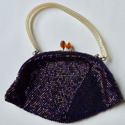 Vintage Art Deco Purple Carnival Bead Clutch Bag Kiss Lock Chain Handle