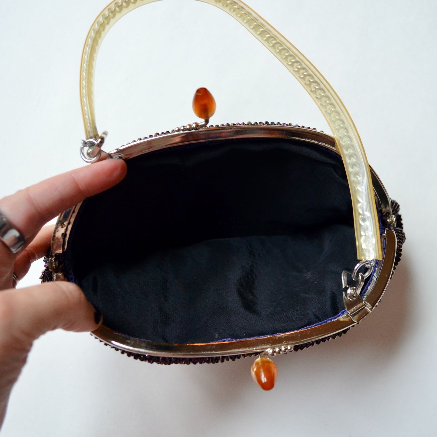 Vintage Art Deco Purple Carnival Bead Clutch Bag Kiss Lock Chain Handle