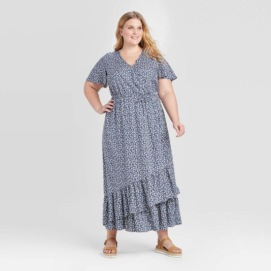 Ava & Viv Floral Print Short Sleeve Wrap Maxi Dress 3X New