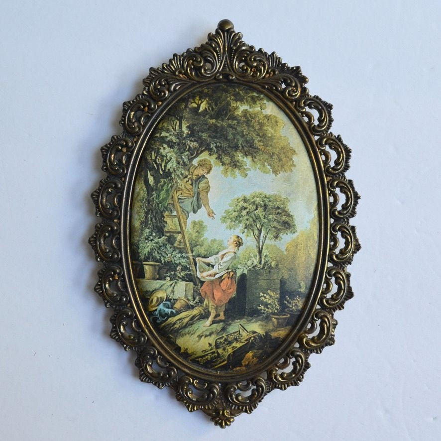 Ornate Metal Frame Silk Fabric Artwork Image Print Vintage Oval