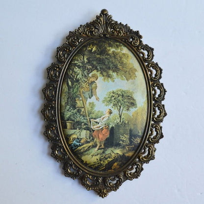 Ornate Metal Frame Silk Fabric Artwork Image Print Vintage Oval
